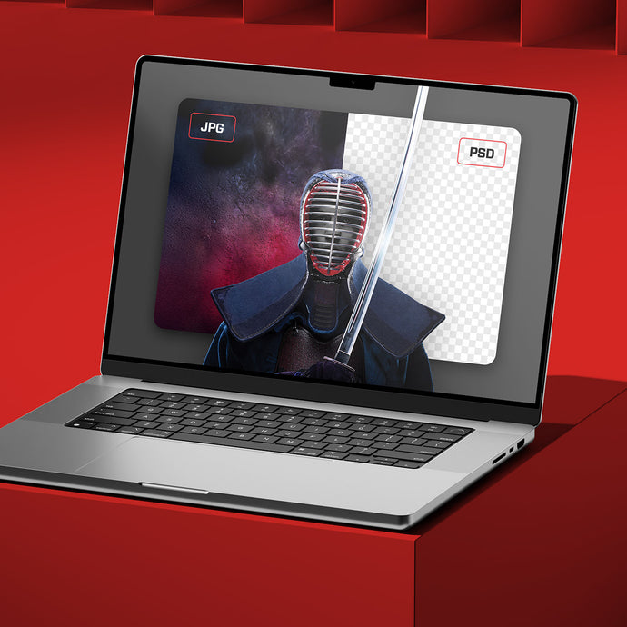 Laptop displaying a kendo mask with JPG and PSD icons on a red background