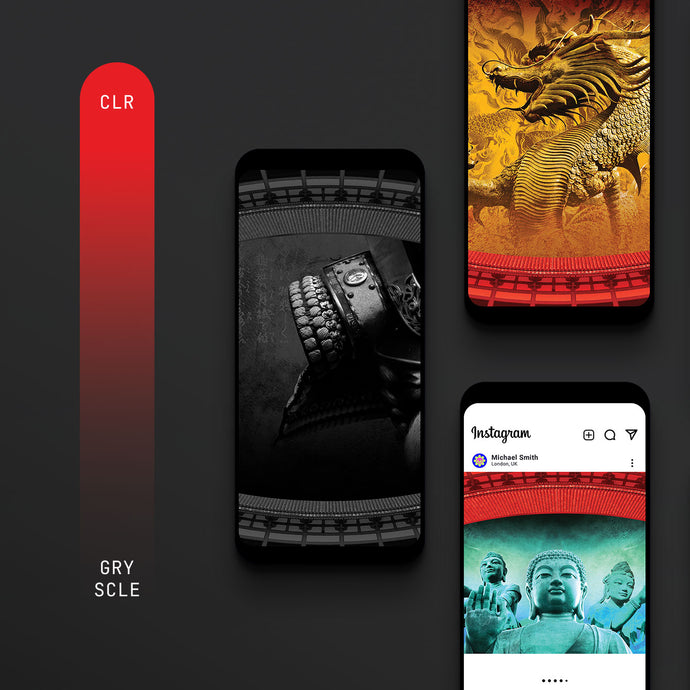 Collage of phone screens with different Shogun social media images and colour modes on a dark background.