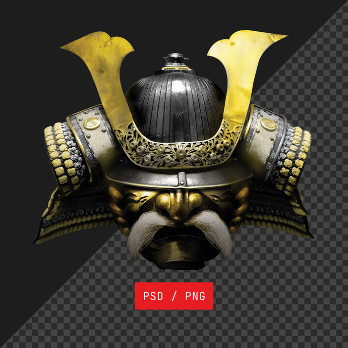 Decorative mask with gold and black details on a transparent background
