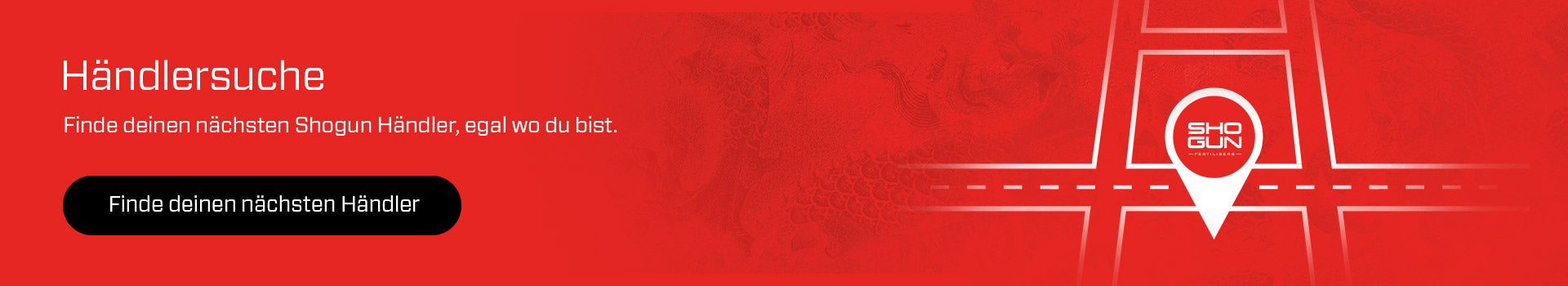 Red banner with text and a map icon on a red background