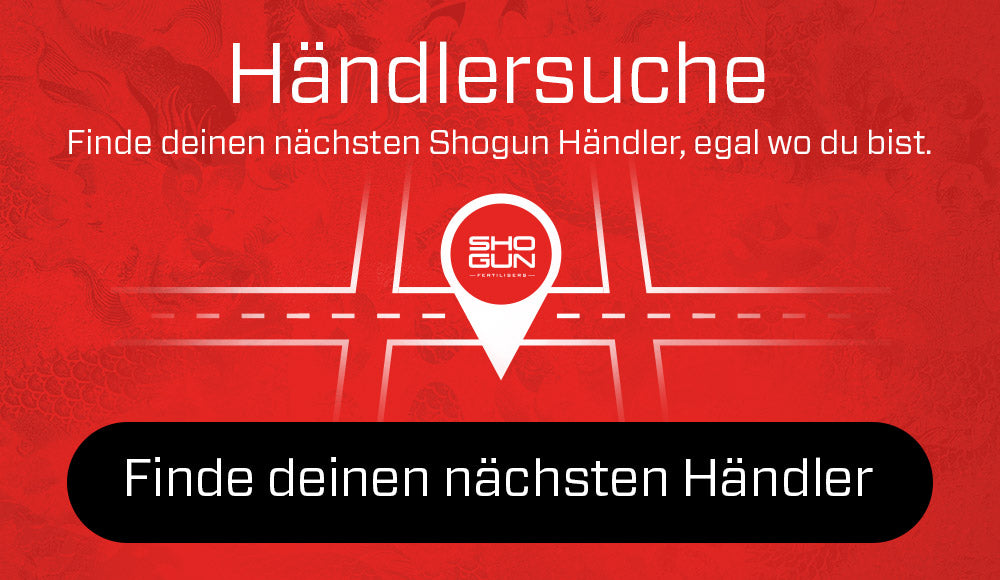 Red background with white text and Shogun logo, promoting finding nearby dealers.